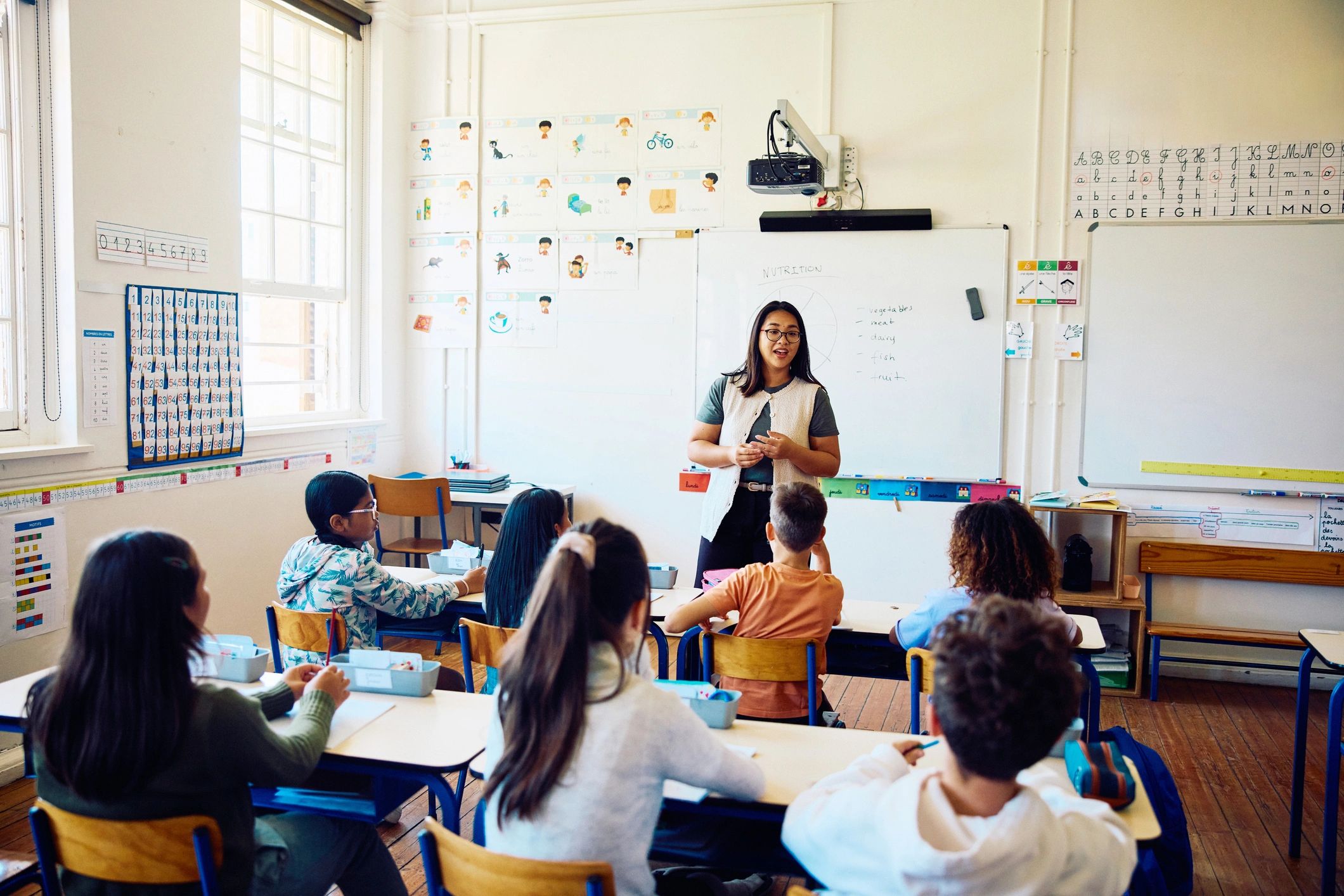 Teacher leading a lesson in a diverse elementary classroom